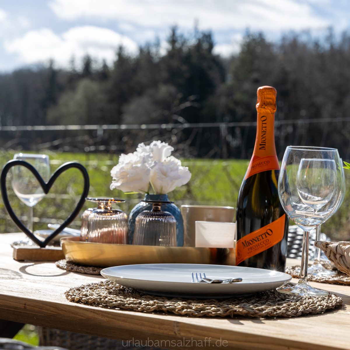Gedeckter Tisch im Freien mit Prosecco